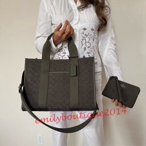 NWT Coach CY368 Smith Tote Bag In Signature Jacquard Olive Drab & Zip Wristlet